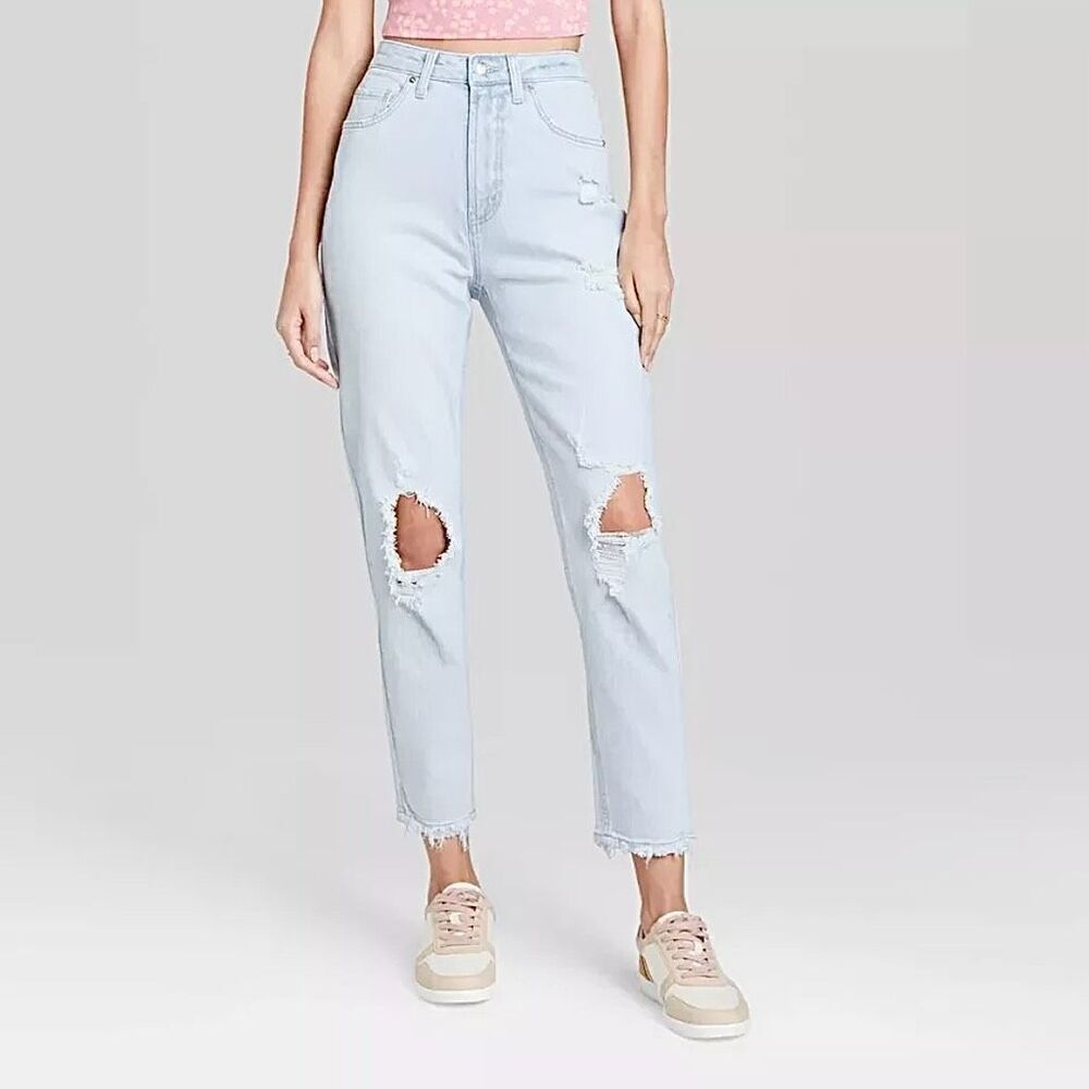 Wild Fable Highest Mom Jean Destroyed Light Wash Sz 12 - Picture 1 of 10